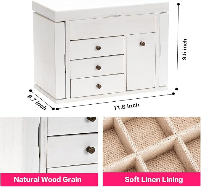 Jewelry Box Organizer, Solid Wood Jewelry Boxes for Women for Storage & Display Necklace Ring Earring Bracelet, Rustic Style Jewelry Organizer Box for Women Gifts (Weathered White)-BubblyBeeBaby