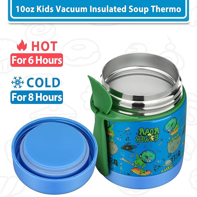 10oz Soup Thermo for Hot Food Kids,Lunch Thermo Kids Food Jar with Spoon Hot Insulated Food Containers,Leak Proof Stainless Steel Wide Mouth Lunch Food Thermo Jar for School(Blue-Dinosaur)-BubblyBeeBaby