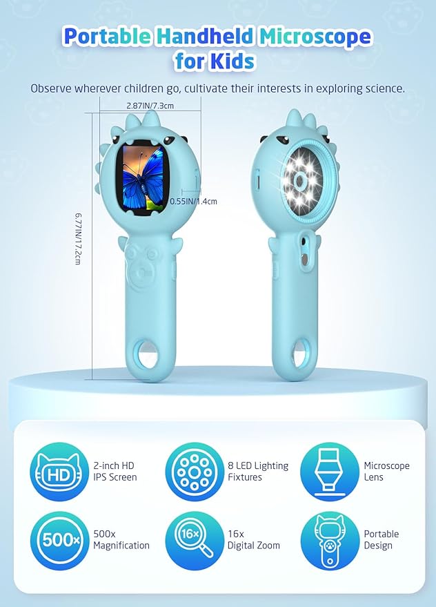 2-in-1 Microscope Camera for Kids, Mini Handheld Microscope Supporting Multiple Viewing Angles, Outdoor Educational Science Adventure Toys, Birthday Gifts for 3-10 Years Old Boys Girls, Blue Dinosaur-BubblyBeeBaby