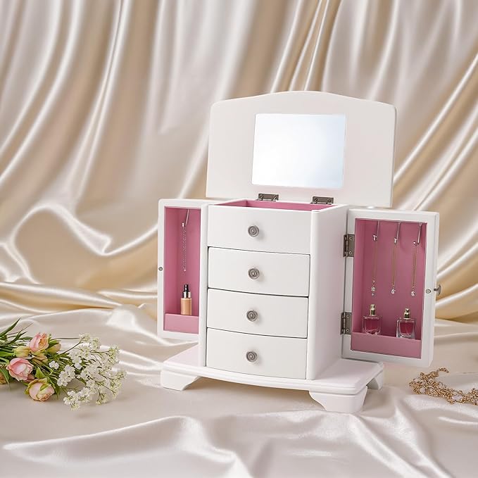 Jewelry Box,White Wooden Jewelry Box With Top Mirror, Jewelry Organizer Wooden Is Suitable For Storing Rings,Bracelets,Necklaces Etc-BubblyBeeBaby