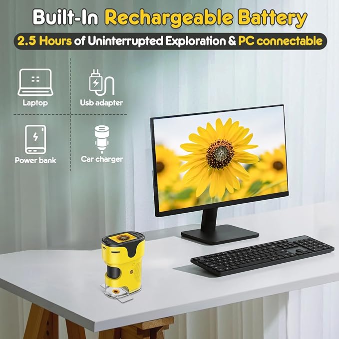 1000X Handheld Microscope for Kids 4K 2.0" Screen Rechargeable Mini Pocket Digital Microscopes w/Slides Kit Portable Edu Gift Age 4-6 8-12 Children Students (Yellow)-BubblyBeeBaby