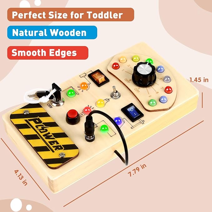 Joyreal Toddler Busy Board, Wooden Montessori Busy Board Sensory Board with LED Light Switch, Sensory Toys Baby Fidget Board Travel Toys for Toddler-BubblyBeeBaby