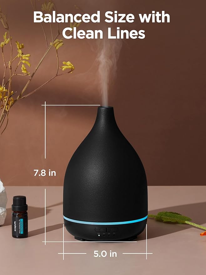 InnoGear Oil Diffuser, 300ML Ceramic Diffuser for Essential Oils Handcrafted Aromatherapy Diffuser Ultrasonic Cool Mist Humidifier with 4 Timers Waterless Auto Off for Room Office, Black-BubblyBeeBaby