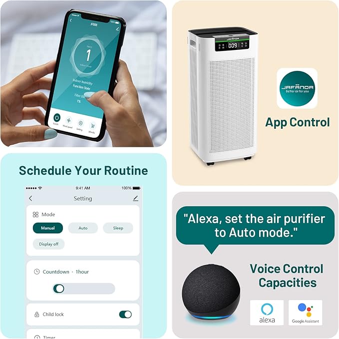 Jafända Air Purifier for Home Large Room 3800 ft², APP & Alexa, Ture HEPA Activated Carbon Air Filter, Smart HEPA Air Purifiers for Office Remove Dust Pollen Smoke Allergies Mold Odors Pet Dander VOCs-BubblyBeeBaby