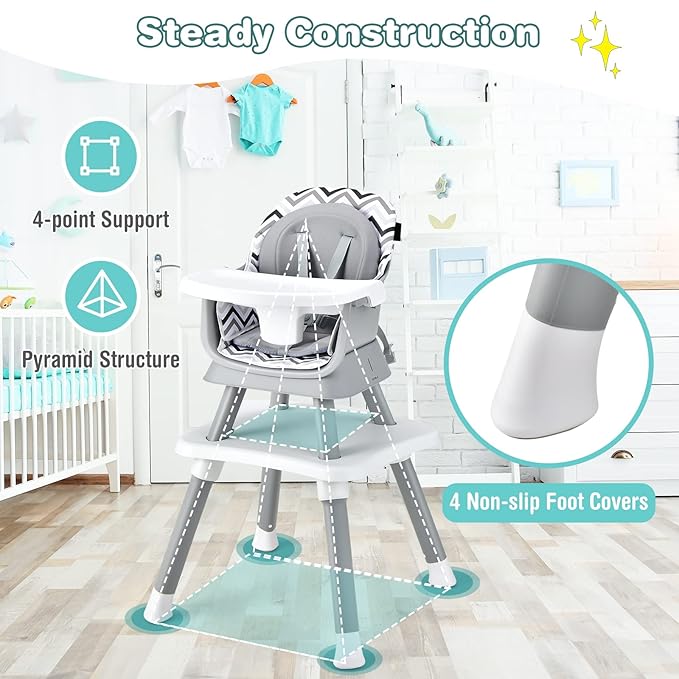 HONEY JOY 8 in 1 Baby High Chair, Convertible Highchair for Babies and Toddlers/Table and Chair Set/Building Block Table/Booster Seat/Stool/Toddler Chair with Safety Harness (Wave Gray)-BubblyBeeBaby