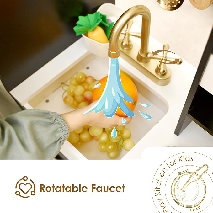 Interactive Wooden Play Kitchen for Kids 3+ Realistic Stove Sounds & Ice Maker Pretend Playset with 12 Kitchen Accessories Montessori Toy-BubblyBeeBaby