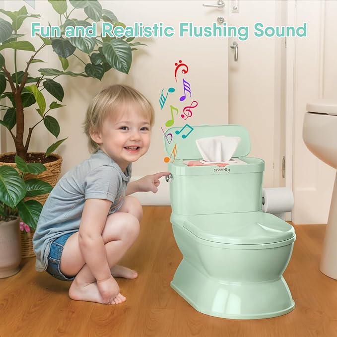 2-in-1 Toddler Potty Training Toilet - Larger Potty Chair & Detachable Training Seat for Boys & Girls Ages 1-3 with Flushing Sound, Wipes Storage, Toilet Paper Holder-BubblyBeeBaby