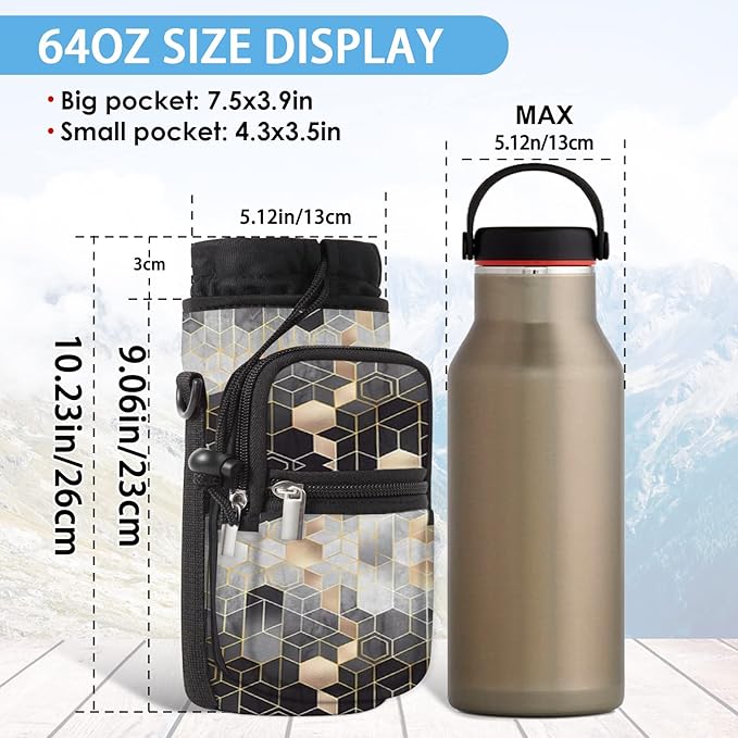 25/32/40/64oz Water Bottle Bag Holder Carrier-Insulated Crossbody Sling Case Sleeve with Strap & Pockets for Men Women Gym Cycling Travel Walking Hiking Camping-BubblyBeeBaby