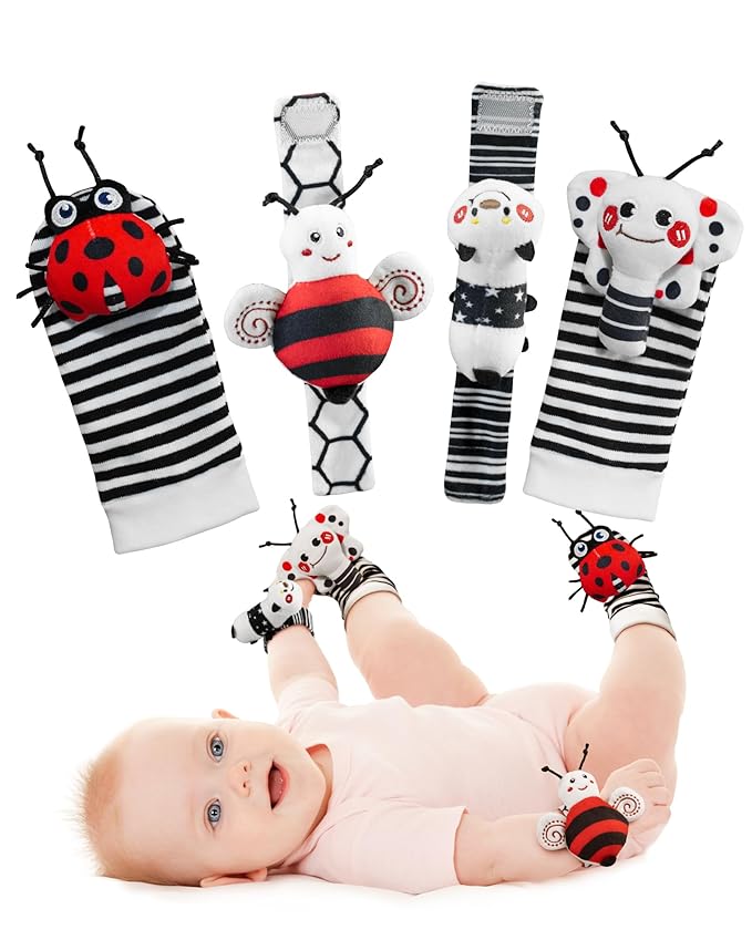 Infinno High Contrast Baby Toys Infant Rattle Socks and Wristband Set, Ideal Baby Sensery Toy Gifts for Newborn 0-12 Months, Perpect Black and White Toys for Boys and Girls As Baby Shower Gifts-BubblyBeeBaby