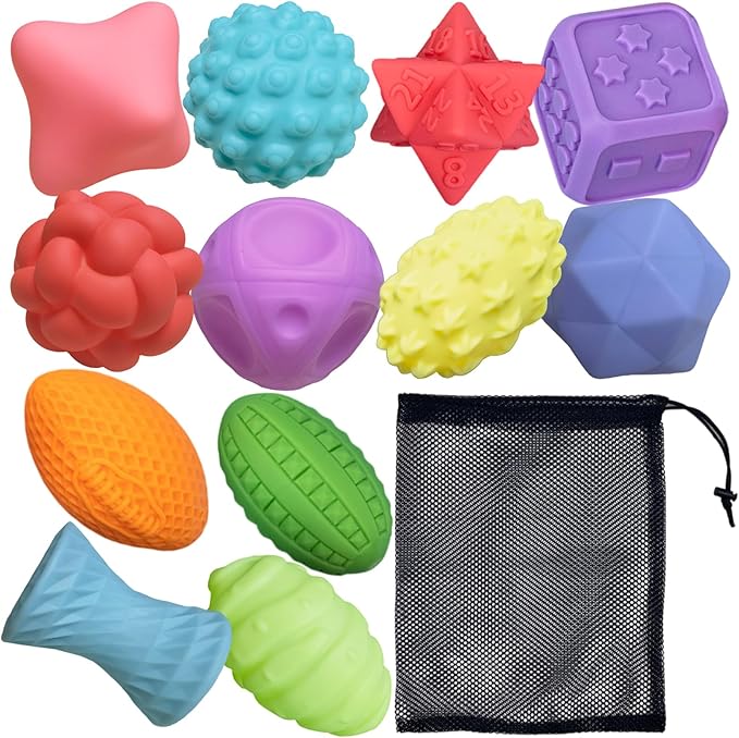 12P Sensory Balls for Toddlers 1-3,Balls for Baby Toys 6-12 Months,Bright Color Textured Multi Soft,Baby Massage Toy,Birthdays, Includes Storage Bag-BubblyBeeBaby