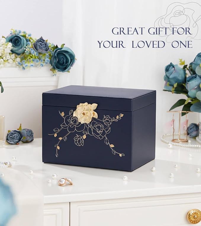 Jewelry Box with Lock for Girls: Jewelry Organizer for Dresser - 3-Drawer Earrings Storage Girls Women Gift (Dark Blue-BubblyBeeBaby