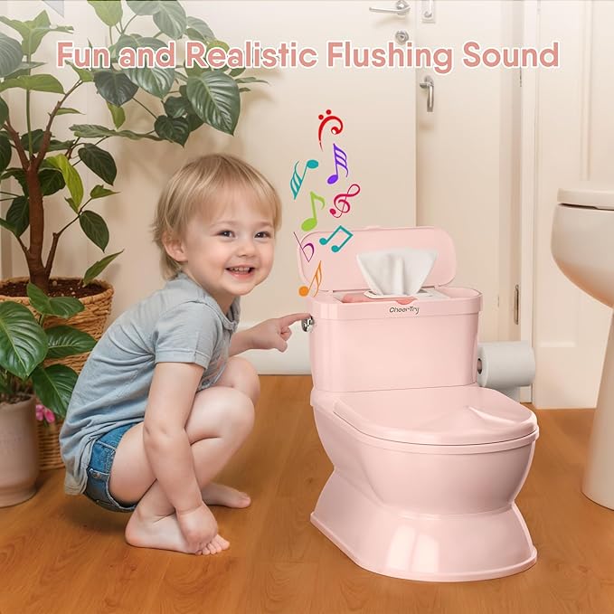 2-in-1 Toddler Potty Training Toilet - Larger Potty Chair & Detachable Training Seat for Boys & Girls Ages 1-3 with Flushing Sound, Wipes Storage, Toilet Paper Holder-BubblyBeeBaby