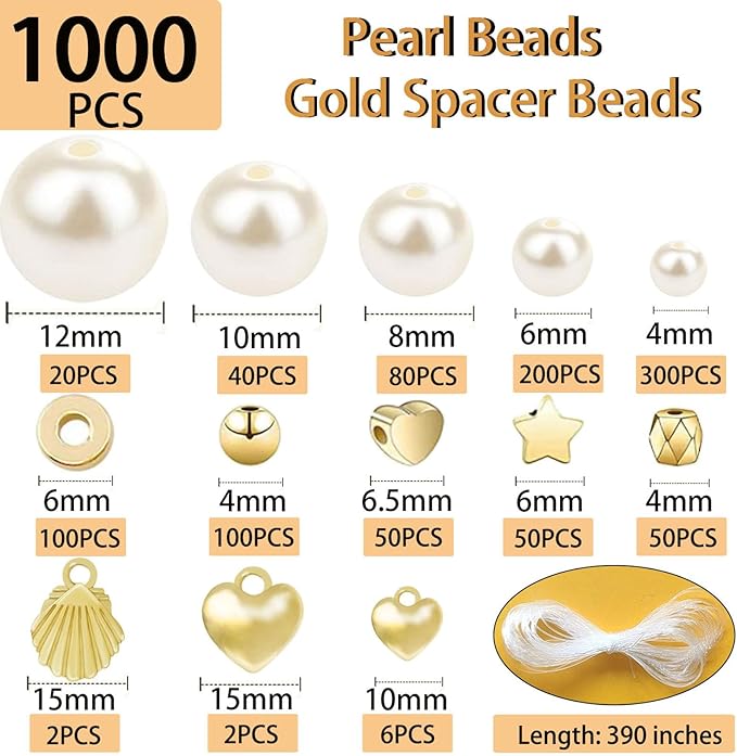 1000Pcs Pearl Beads for Bracelets Making, Pearl Beads for Jewelry Making for Adults, Silver Bracelet Beads DIY Kit, Silver Spacer Beads for Bracelets, Girls Friendship Bracelet Making Kit (Golden)-BubblyBeeBaby