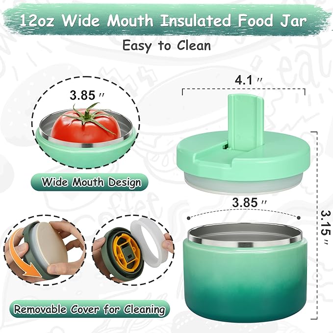 12oz Insulated Vacuum Food Jar with Buckle Lid Wide Mouth Soup Thermo for Hot Food Kids Leakproof Stainless Steel Lunch Container (Gradient Green, 12OZ)-BubblyBeeBaby