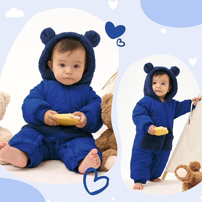 JiAmy Baby Snowsuit Newborn Winter Clothes Coat Romper Windproof Fleece Hat Zipper Baby Bear Outfit-BubblyBeeBaby