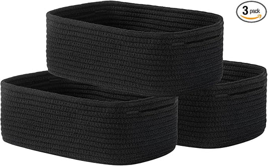 KALLAX Small Woven Basket, 12 x 8 x 4.5 Inches, Storage Basket for Organizing, Cute Small Rope Shelf Closet Cube Storage Bins Baskets for Shelves, Dog Toy Gift Baskets Empty, 3 Packs, Black-BubblyBeeBaby