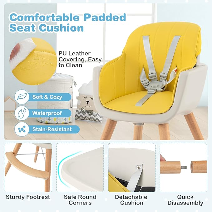 HONEY JOY High Chair, 3-in-1 Eat & Grow Wooden Highchair/Booster Seat/Toddler Chair with Removable Tray, 5-Point Harness, PU Cushion and Footrest for Baby, High Chair for Babies and Toddlers Yellow-BubblyBeeBaby