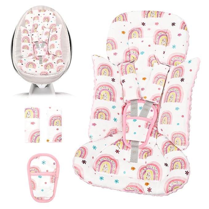 Infant Car Seat Insert with 3 Strap Covers, 3 in 1 Reversible Rainbow Baby Car Seat Head Support for Newborn, Baby Girl Newborn Essentials for Preemie to Infant, Stroller, Swing, Bouncer (Pink)-BubblyBeeBaby