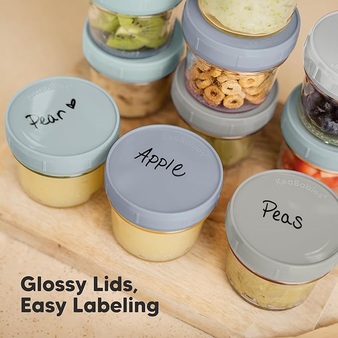 KeaBabies 6pk 4oz Glass Baby Food Containers with Lids - Leak-Proof, Microwavable Small Glass Jars, Baby Purees & Toddler Snack Storage Containers, BPA-Free, Dishwasher & Freezer Safe(Slate)-BubblyBeeBaby