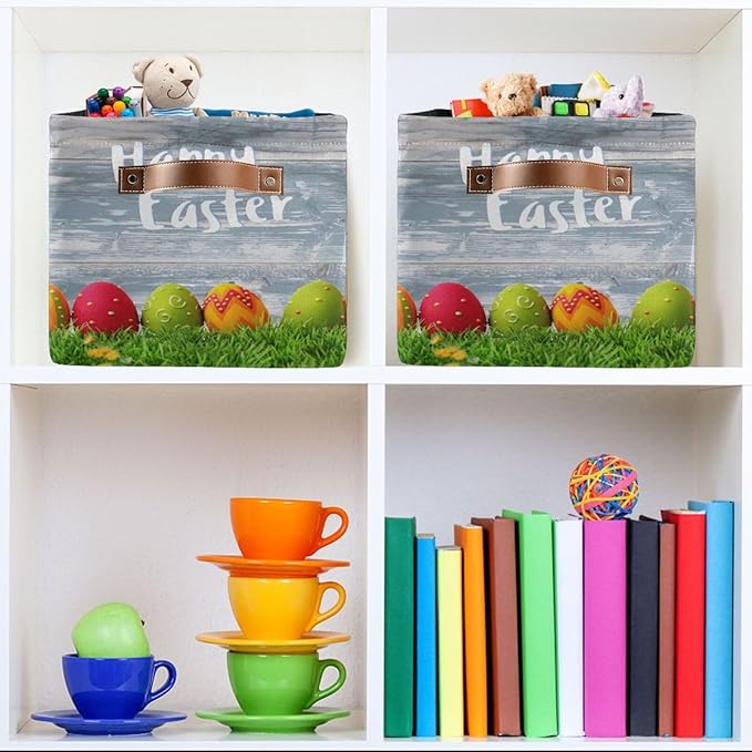 Happy Easter Eggs Storage Basket Cube Storage Bins Organizer Bag Collapsible Closet Shelf Baskets with handle for Baby Cloth Pet Toy Book 14.2×10.2×8.3 IN-BubblyBeeBaby