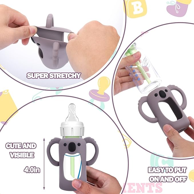 BUSOHA 3 Pack Koalas Silicone Sleeves for Dr. Brown's Glass Baby Bottles - Drop Protection Baby Bottle Sleeves Compatible with Dr Brown Newborn Glass Bottles with Silicone Handles,4 oz-BubblyBeeBaby