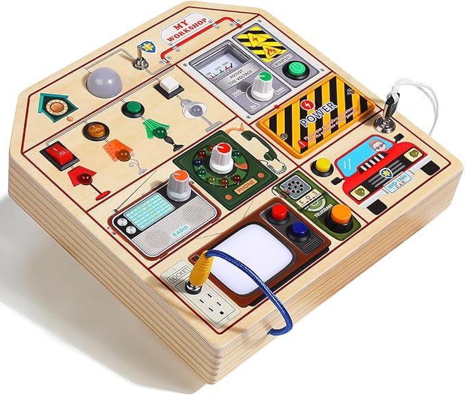 JAUNTY Montessori Wooden Busy Board for Toddlers 3 4 5 Years Old, Wooden Sensory Toddler Toys with LED Light Switches, TV Radio Telegram and Car Driving, Travel Toys Birthday for Boys Girls-BubblyBeeBaby
