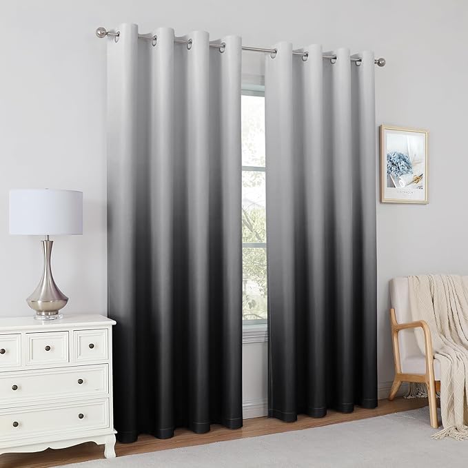HOMEIDEAS Black Ombre Blackout Curtains 52 X 96 Inch Length Gradient Room Darkening Thermal Insulated Energy Saving Grommet 2 Panels Window Drapes for Living Room, Bedroom-BubblyBeeBaby