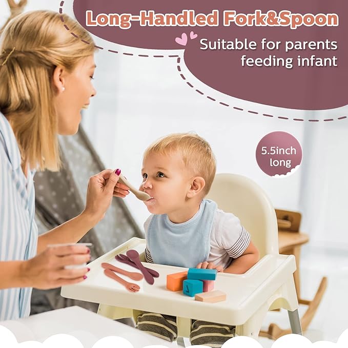 10 Pieces Baby Led Weaning Spoons and Forks Set Infant Silicone Spoon First Self Feed Baby training Utensils for Toddler First Stage Feeding Supplies for Kids Over 6 Months, 5 Pairs (Classic Colors)-BubblyBeeBaby