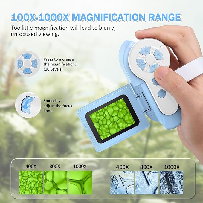 1000X Handheld Microscope for Kids, 4K 2.0" Screen Mini Pocket Microscope with 6 Adjustable LED Lights, Edu Science Birthday Gifts for Kids Ages 8-12, 32G SD Card Included - Blue-BubblyBeeBaby