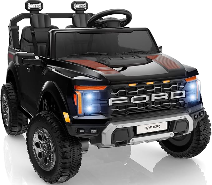 24V Ride on Toys for Big Kids, Licensed Ford F-150 Raptor 2 Seater Kids Ride on Car w/Remote Control, Toddler Electric Car w/LED Lights, Bluetooth, Truck Bed Storage, Soft Start (Black)-BubblyBeeBaby