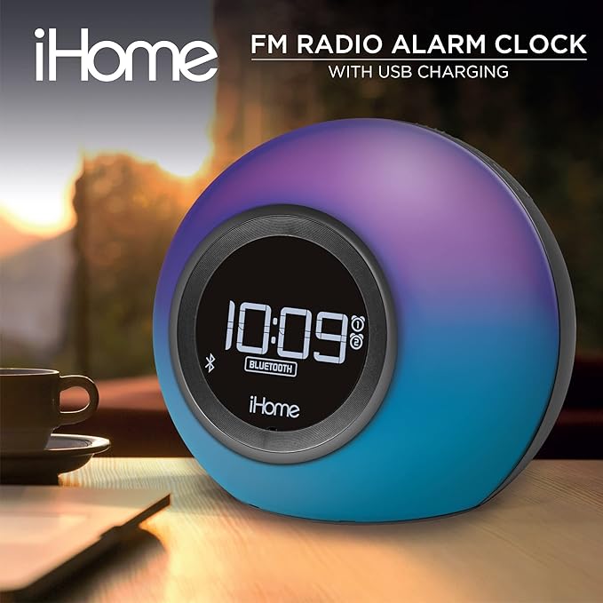 iHome Alarm Clock Radio with Bluetooth Speaker and Color Changing Lamp, USB Charging, and Speakerphone for Home, Office, or Dorm (IBT29BX6)-BubblyBeeBaby