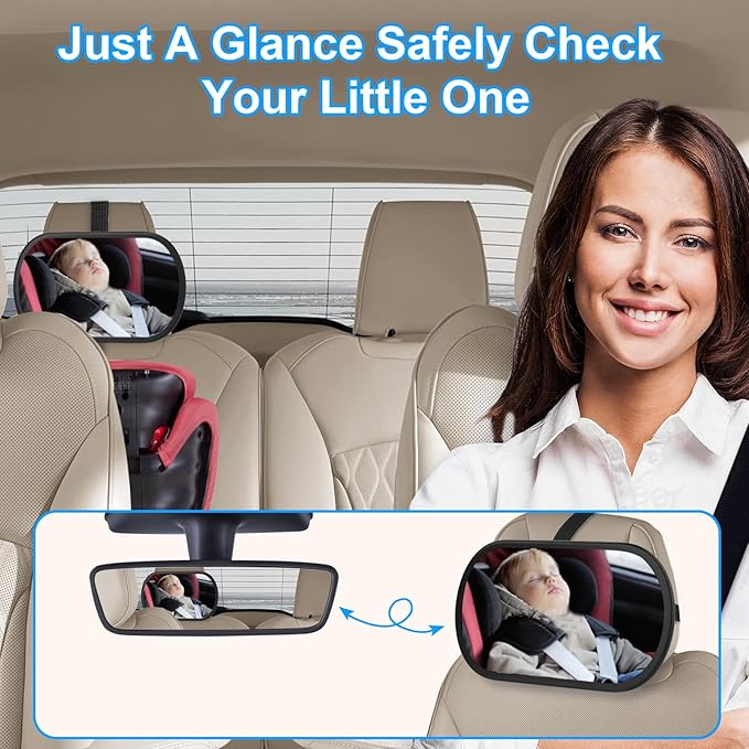 Baby Car Mirror, Safety Car Seat Mirror for Rear Facing Infant, Clear Wide View, 360°Rotation, Easily Observe the Baby Move, Secure, Shatterproof, Crash Tested and Certified (2-Pack)-BubblyBeeBaby
