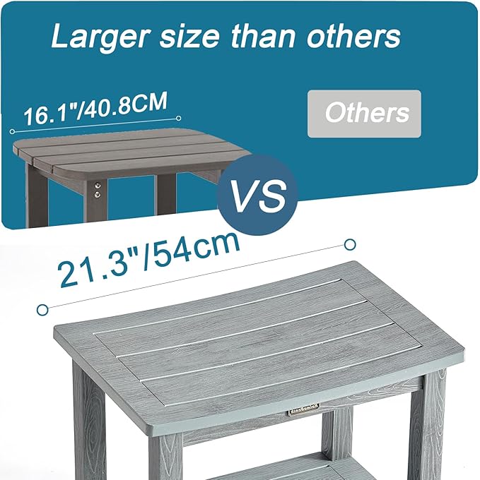 Heavy Duty Shower Bench for Inside Shower Waterproof, Large HDPS Bath Stool for Shaving Legs, Gray Poly Lumber Foot Stool, Plastic Bathroom Bench Seat with Storage Shelf, Outdoor/Indoor Use-BubblyBeeBaby