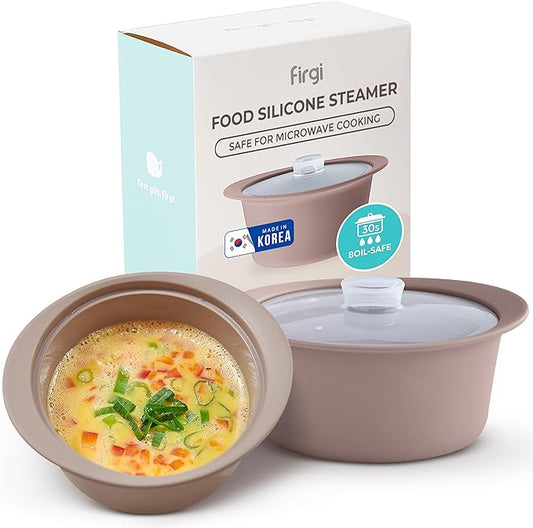 20oz Platinum Silicone Microwave Steamer Pot with Handle & Lid - Korea 100% Food-Grade Steamer Bowl, Heat-Resistant Cooker with Steam Holes, Easy Clean, Dishwasher Safe, Taupe Brown-BubblyBeeBaby
