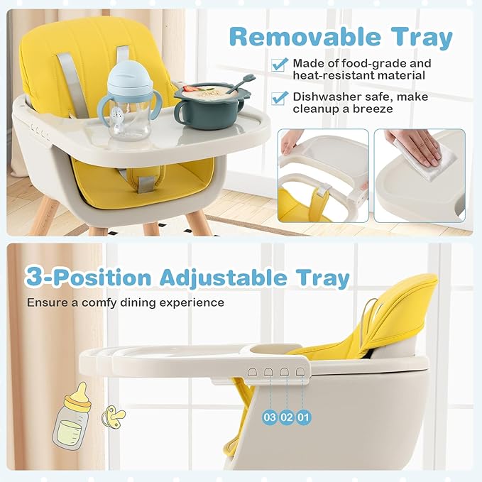 HONEY JOY High Chair, 3-in-1 Eat & Grow Wooden Highchair/Booster Seat/Toddler Chair with Removable Tray, 5-Point Harness, PU Cushion and Footrest for Baby, High Chair for Babies and Toddlers Yellow-BubblyBeeBaby