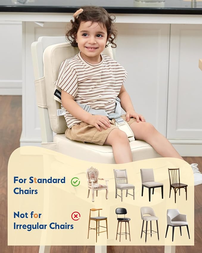 HOMEAL Toddler Booster Seat for Dining Table - Toddler Dining Cushion with Wipeable Surface -Booster Seat for Kitchen Chair with Easy-Install Straps - Breathable Fabric - Beige-BubblyBeeBaby