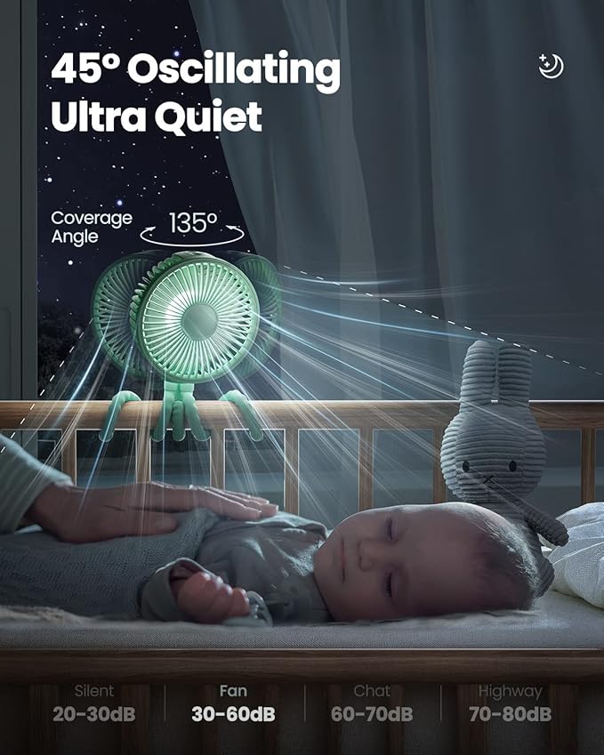 Gaiatop Oscillating Baby Stroller Fan with LED Night Light, 4 Speeds Cooling Rechargeable 360° Rotate Clip On, Battery Operated Small Portable Fans for Car Seat Crib Treadmill Travel-BubblyBeeBaby
