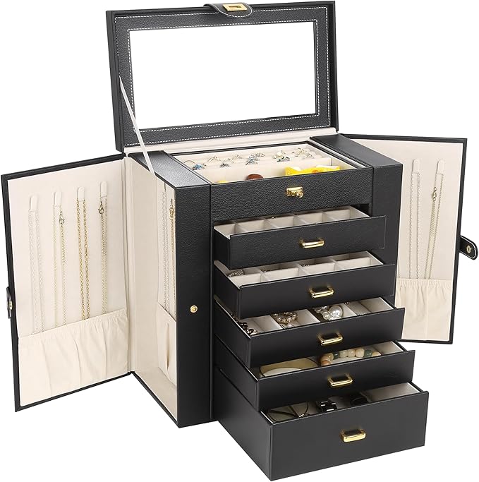 Kendal Extra Large Jewelry Box Jewelry Case PU Leather 6 Tier 5 Drawers Large Storage Capacity with Mirror Jewelry Storage Organizer Great Gift Also Good For Watches LJC-SHD5BK (black)-BubblyBeeBaby