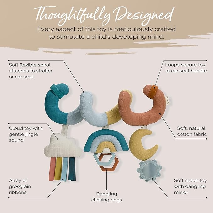 Itzy Ritzy Spiral Car Seat & Stroller Activity Toy - Stroller & Car Seat Toys for Ages 0 Months and Up - Hanging Toys Include Clinking Rings, Mirror and Textured Ribbons (Rainbow)-BubblyBeeBaby