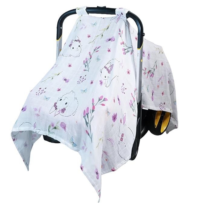80S Muslin Car Seat Cover for Babies - Soft & Breathable Infant Carrier Canopy, Lightweight Sunshade for Summer, Universal Fit for Baby Boys & Girls-BubblyBeeBaby