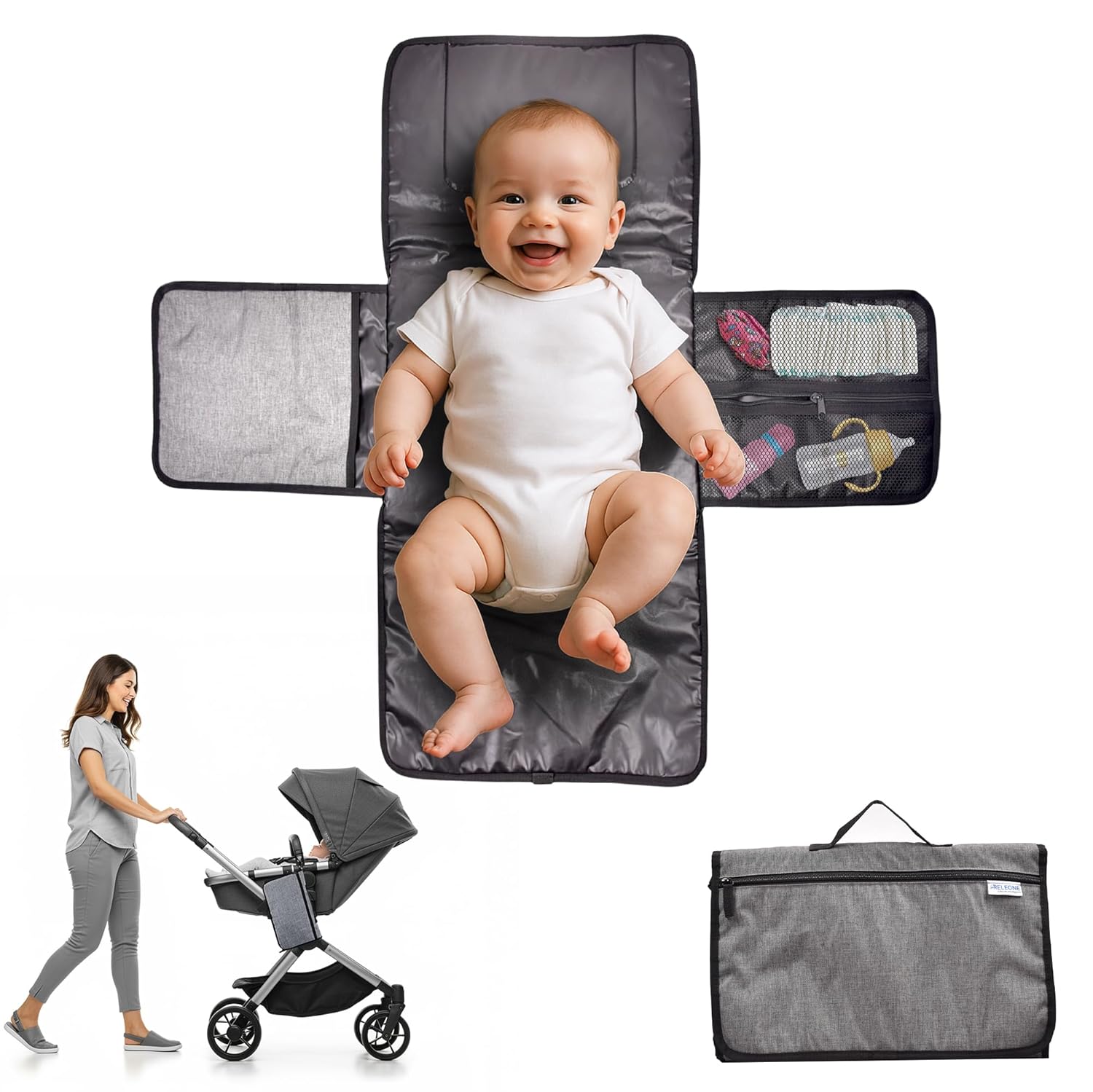 RELEONE Portable Diaper Changing Pad – Waterproof & Foldable Baby Changing Mat with Head Cushion, Travel-Friendly with Storage Pockets, Compact & Easy to Carry for On-The-Go Parents.