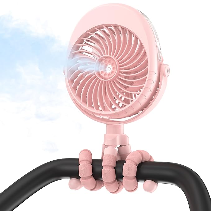 2025 Upgarded 4000mAh Misting Baby Stroller Fan, Rechargeable Battery Operated,Max 15Hrs Cooling,50ml Portable Water Sprayer Misting Fan with Flexible Tripod Clip on Car Seat Crib Treadmill Bunk Bed-BubblyBeeBaby
