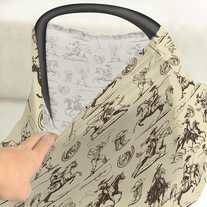 Vintage Cowboy Car Seat Cover for Baby Western Horses Boots Hats Guitar Stretchy 5-in-1 Covers Adjustable Car Canopy Breastfeeding Cover Country Western Breathable Nursing Cover-Up-BubblyBeeBaby