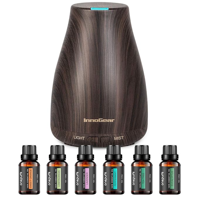 InnoGear Essential Oil Diffuser with Oils, 100ml Aromatherapy Diffuser with 6 Essential Oils Set, Aroma Cool Mist Humidifier Gift Set, Dark Wood Grain-BubblyBeeBaby
