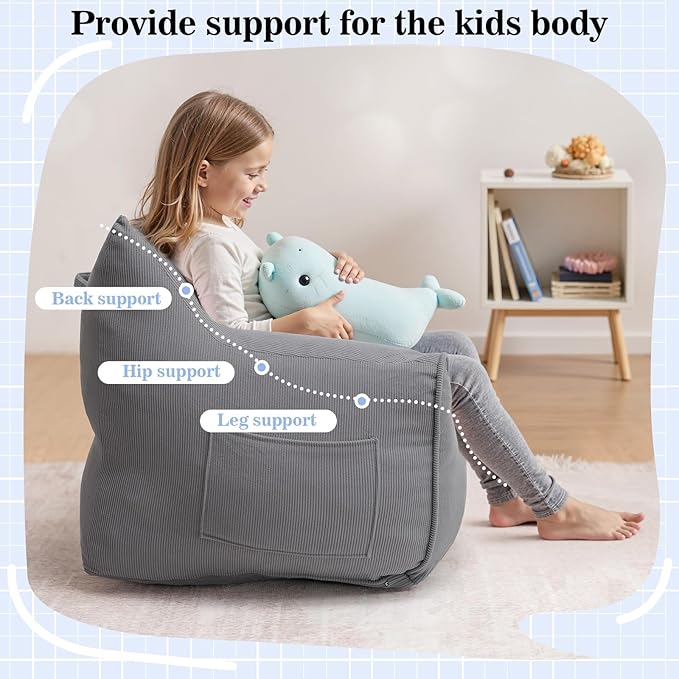 HOMMPA Bean Bag Chair for Kids Stuffed Toddler Bean Bag Sofa with Pocket Filler Cat Shaped Bean Bag Chair Boys and Girls Baby Lazy Floor Sofa Chair for Gaming Reading Playing Grey-BubblyBeeBaby