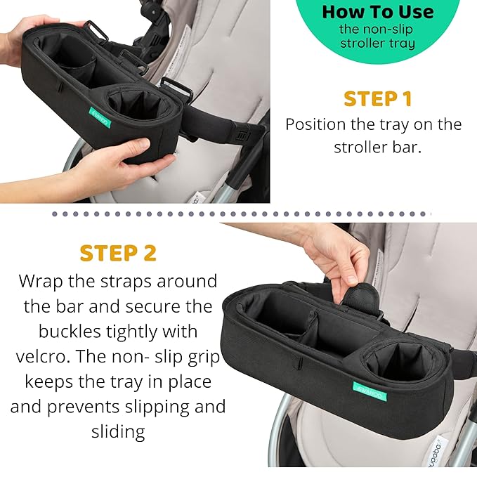 Universal Stroller Tray with Insulated Sippy Cup Holder - Upgraded Rigid Frame Stays Upright - Exclusive Non Slip Straps Firmly Grip Stroller Bar. Universal Stroller Snack Tray Attachment-BubblyBeeBaby
