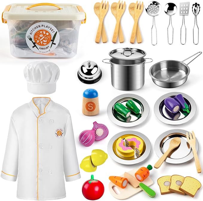 Juboury Pretend Play Kitchen Set - Toy Kitchen Accessories with Stainless Steel Cookware Pots and Pans, Plates, Cooking Utensils, Kids Chef Coat & Hat, Wooden Play Food for Kids, Girls, Boys, Toddlers-BubblyBeeBaby