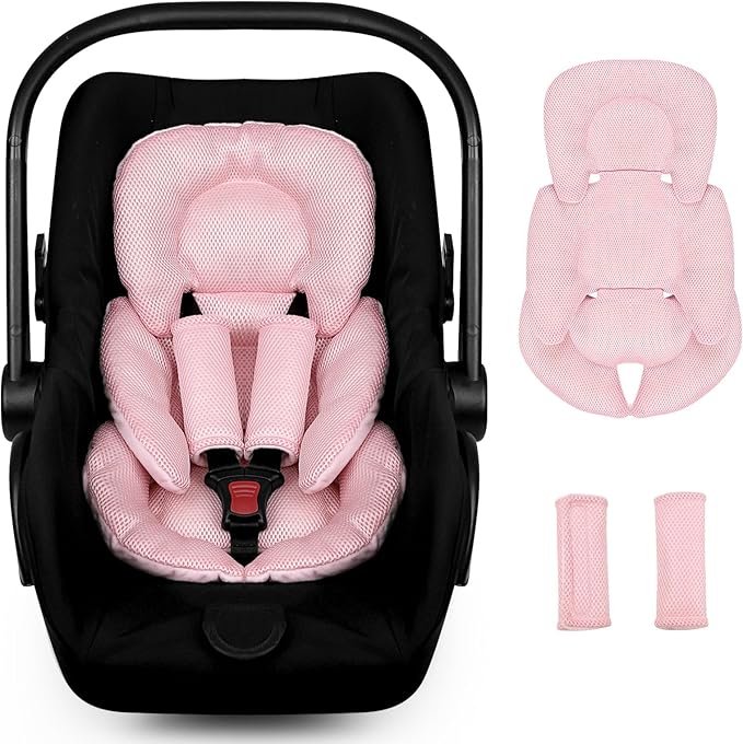 Infant Car Seat Insert for Newborn Girls Boys, Summer Mesh Baby Carseat Head Support with Strap Pads, Soft Reversible Baby Car Seat Insert Cushion Pad for Car Seat, Stroller, Bouncer, Swing, Pink-BubblyBeeBaby