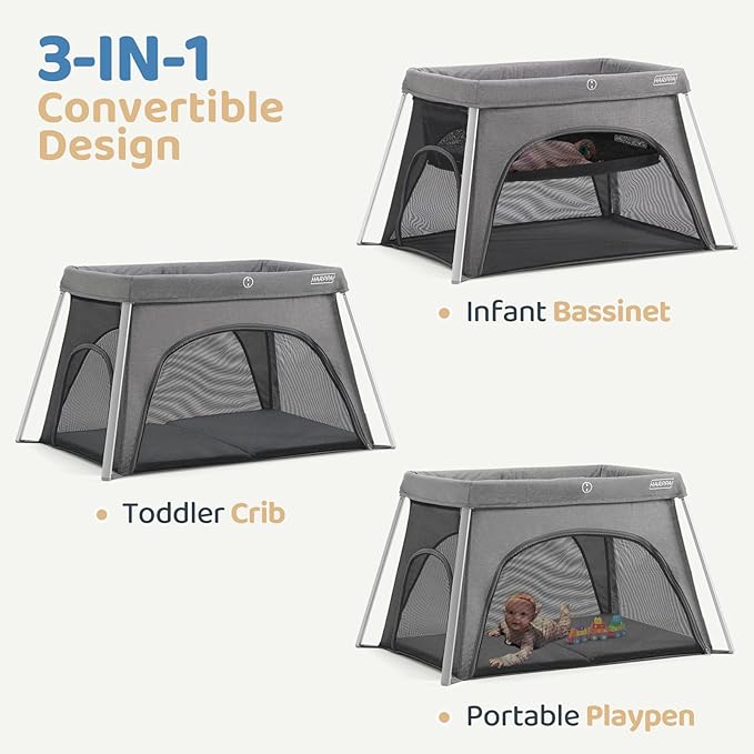 HARPPA Travel Crib with Comfy Mattress, Lightweight Portable Crib Requires No Assembly, Foldable Pack and Play for Baby and Toddlers, Compact Play Yard with Bed,Gray-BubblyBeeBaby
