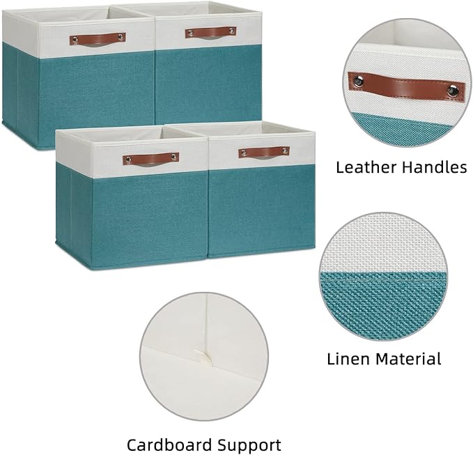 HNZIGE Fabric Storage Bins for Shelves 13x13 Storage Cubes Set Of 4 Foldable Storage Baskets with Handles for Organizing Cloth Closet Toy Nursery(Teal&White)-BubblyBeeBaby